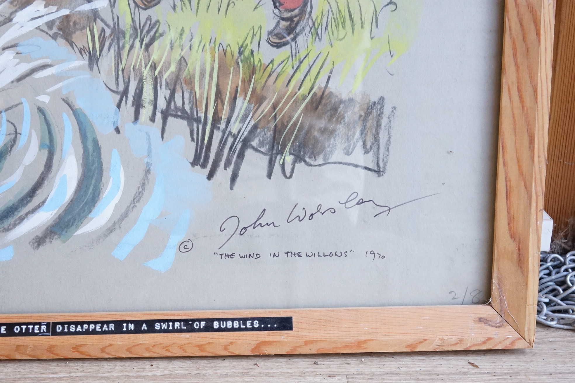 John Worsley (1919-2000), 'Mole was amazed to see the otter disappear in a swirl of bubbles', signed and dated 1970, original illustration for Wind in the Willows, 50 x 63cm